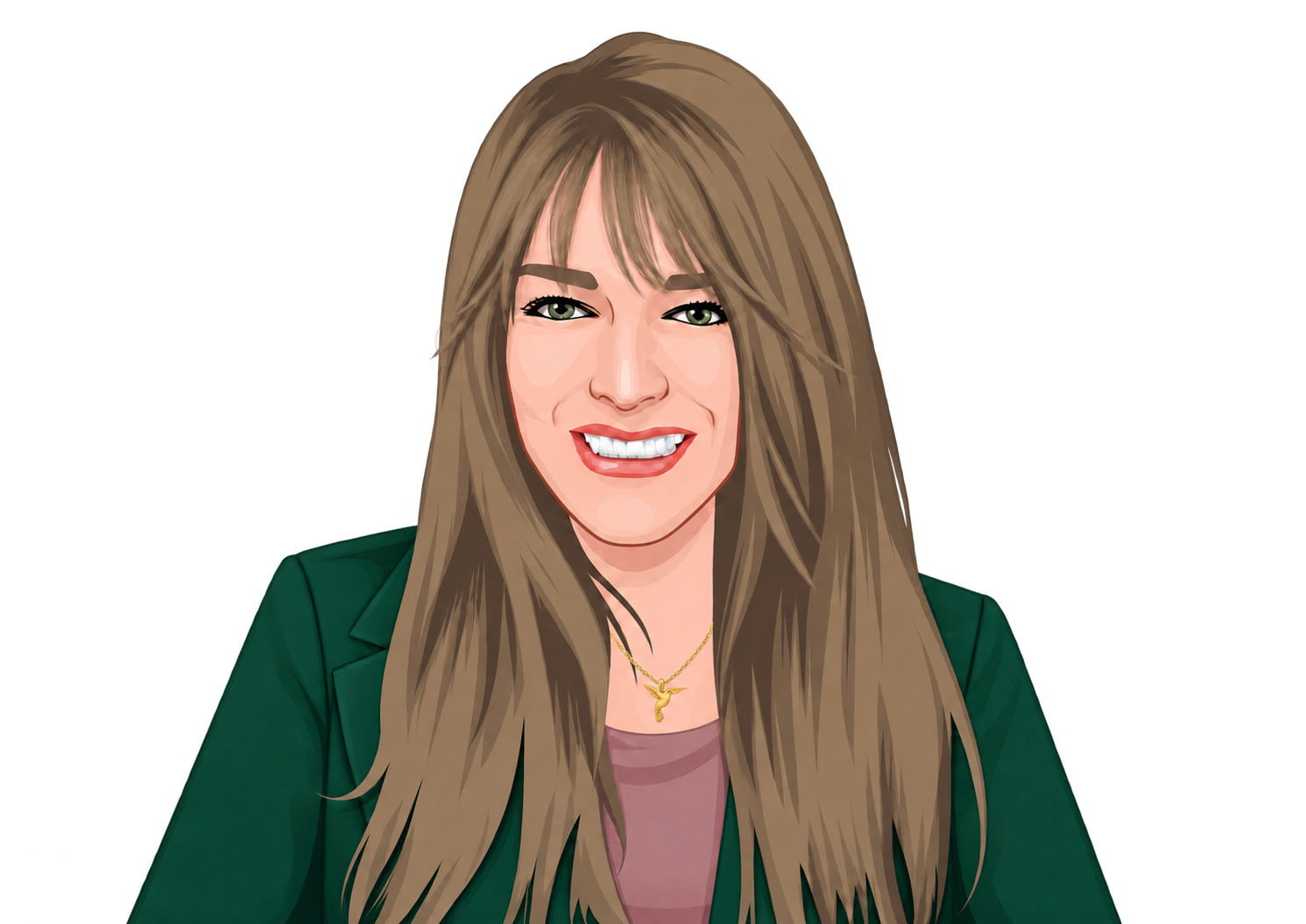 Illustrated portrait of Monica Michelle in an emerald blazer and soft mauve top, wearing a gold hummingbird pendant